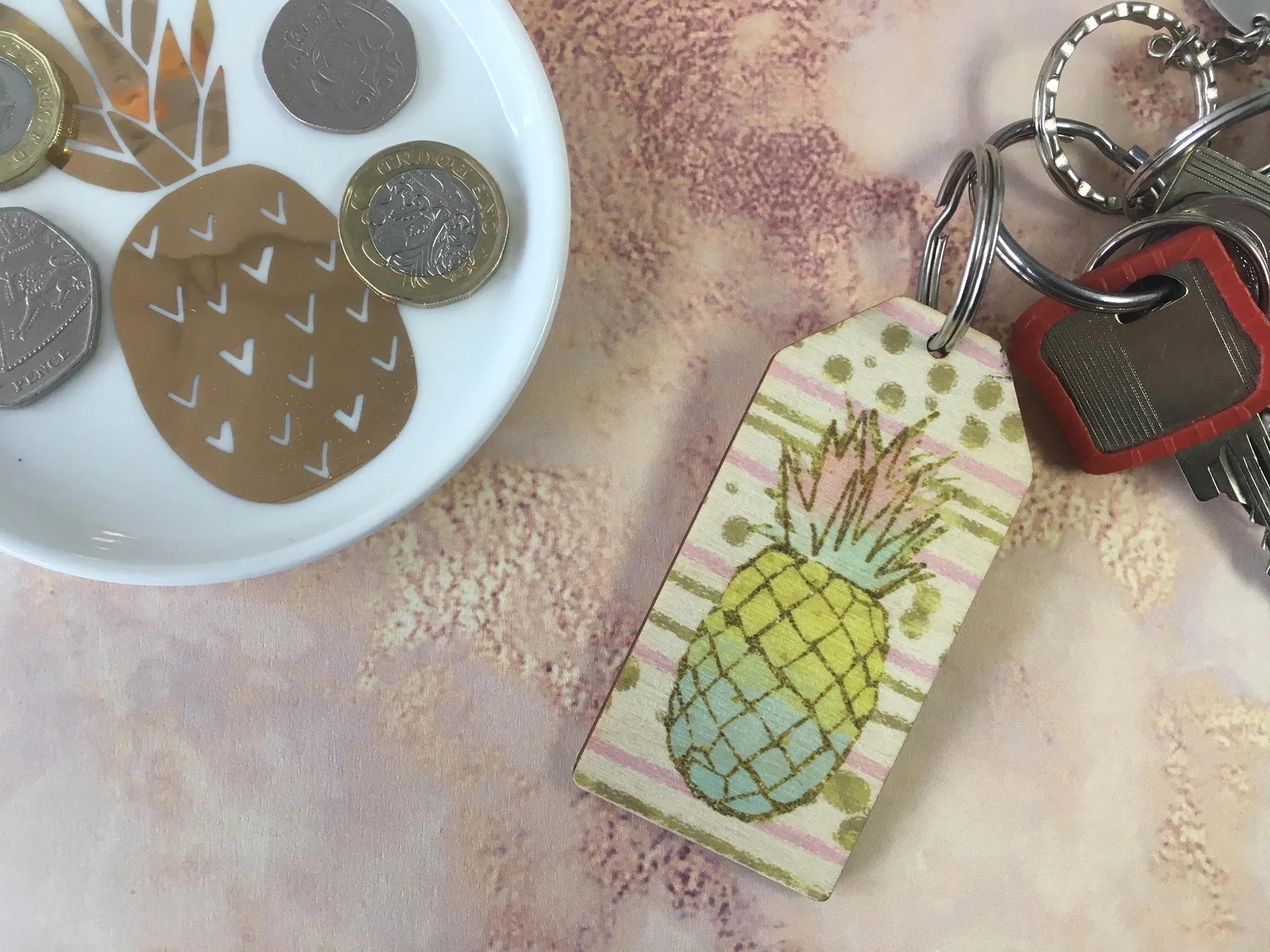 Wooden Keyring - Pineapple Gold & Pink background