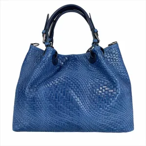 Woven Braided Style Royal Blue Genuine Leather Medium Handbag Made In Italy